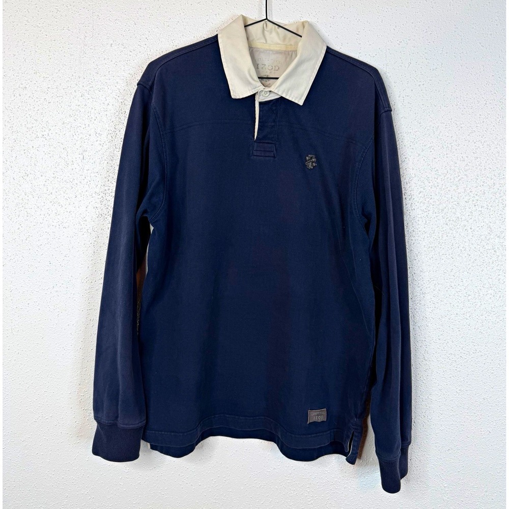 IZOD Men's Long Sleeve Cotton Knit Rugby Polo Solid Navy Beige Collar Size L